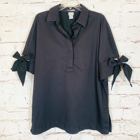 Chico's Black Collared Top XL 16 Button Front Tie Sleeve Blouse Tunic Shirt - Picture 1 of 6